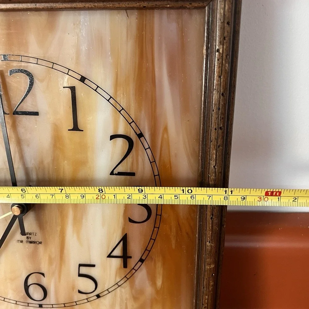 VNTG Mr. Mirror Slag Glass Mid Century Square Wall Clock MCM Wood Frame Works